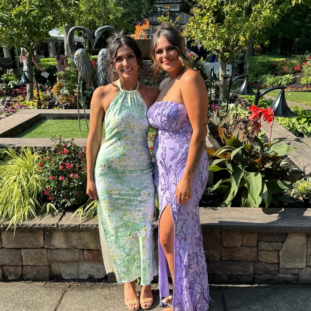 Lulus Glowing Presence Light Green Floral Satin Halter Maxi Dress in extra small